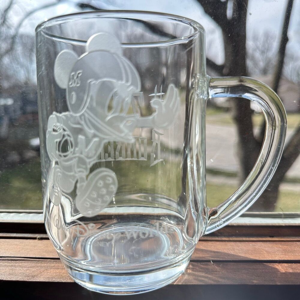 Walt Disney Luminarc Clear Glass Mug Etched Mickey in a football Uniform